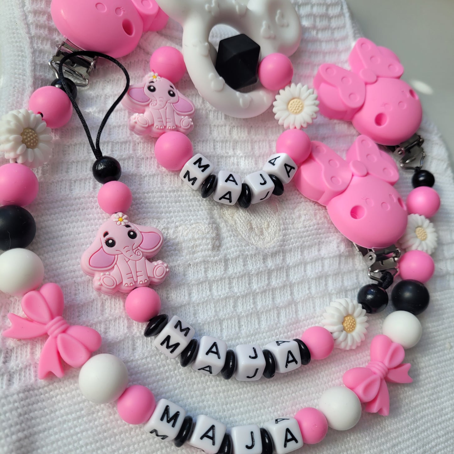 3er Set Kinderwagenkette & Schnullerkette mit Namen + Greifring für Mädchen schwarz pink weiß Elefant & Maus