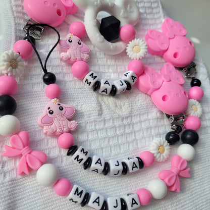 3er Set Kinderwagenkette & Schnullerkette mit Namen + Greifring für Mädchen schwarz pink weiß Elefant & Maus