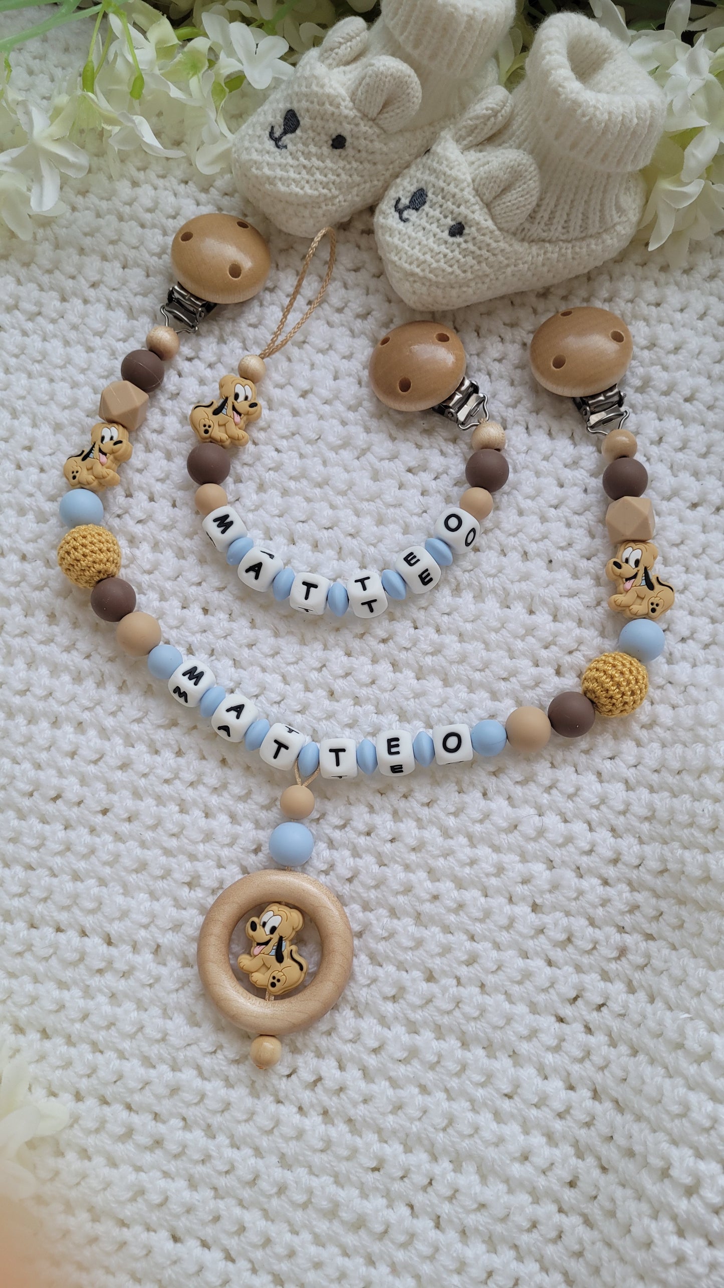 Kinderwagenkette & Schnullerkette Set Baby Hunde für Jungen braun beige blau