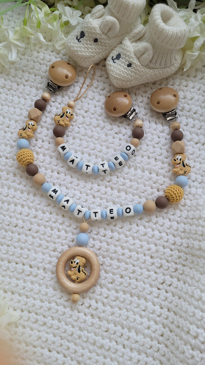Kinderwagenkette & Schnullerkette Set Baby Hunde für Jungen braun beige blau