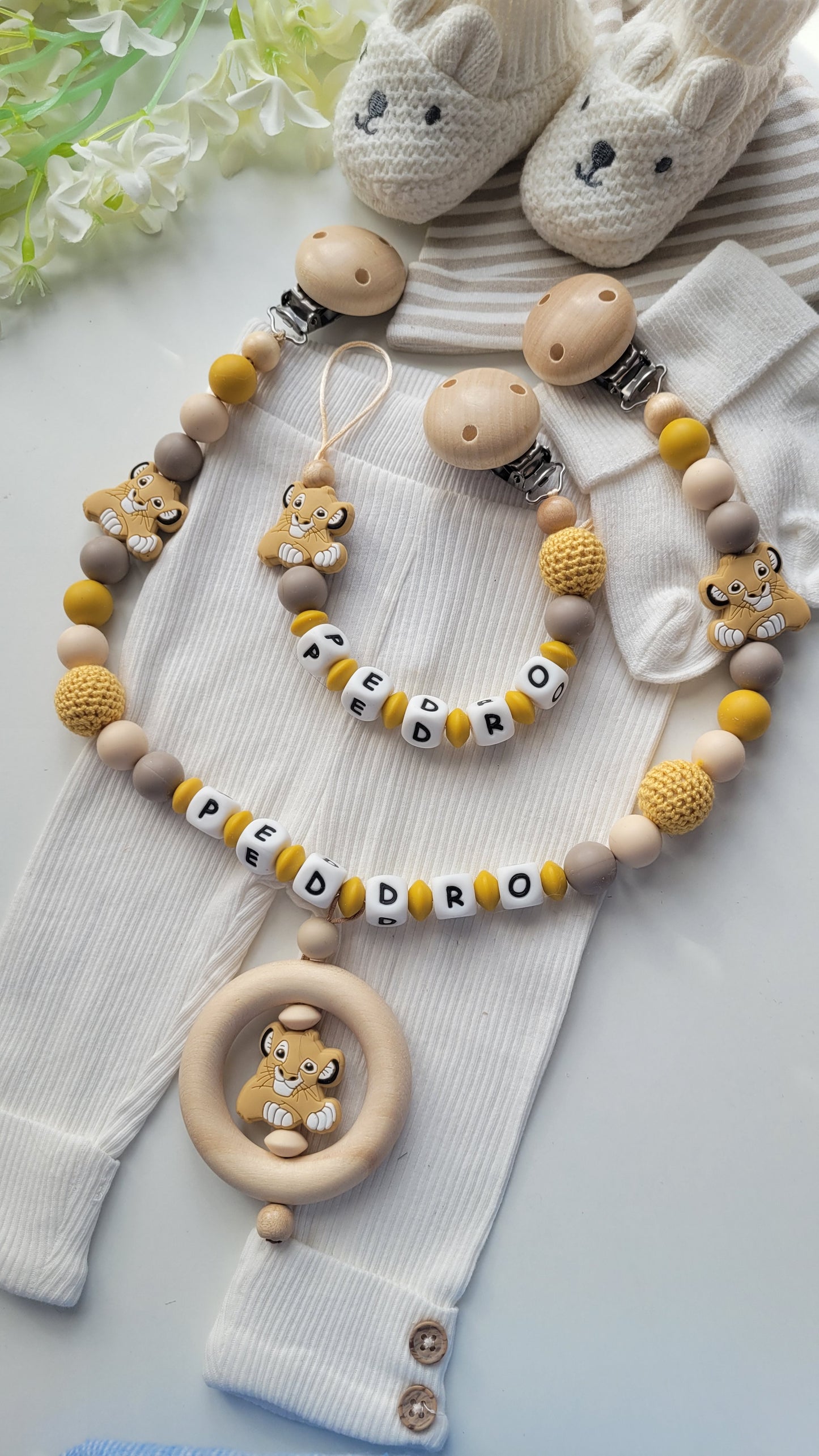3er Set Schnullerkette Kinderwagenkette & Beissring mit Namen Löwe