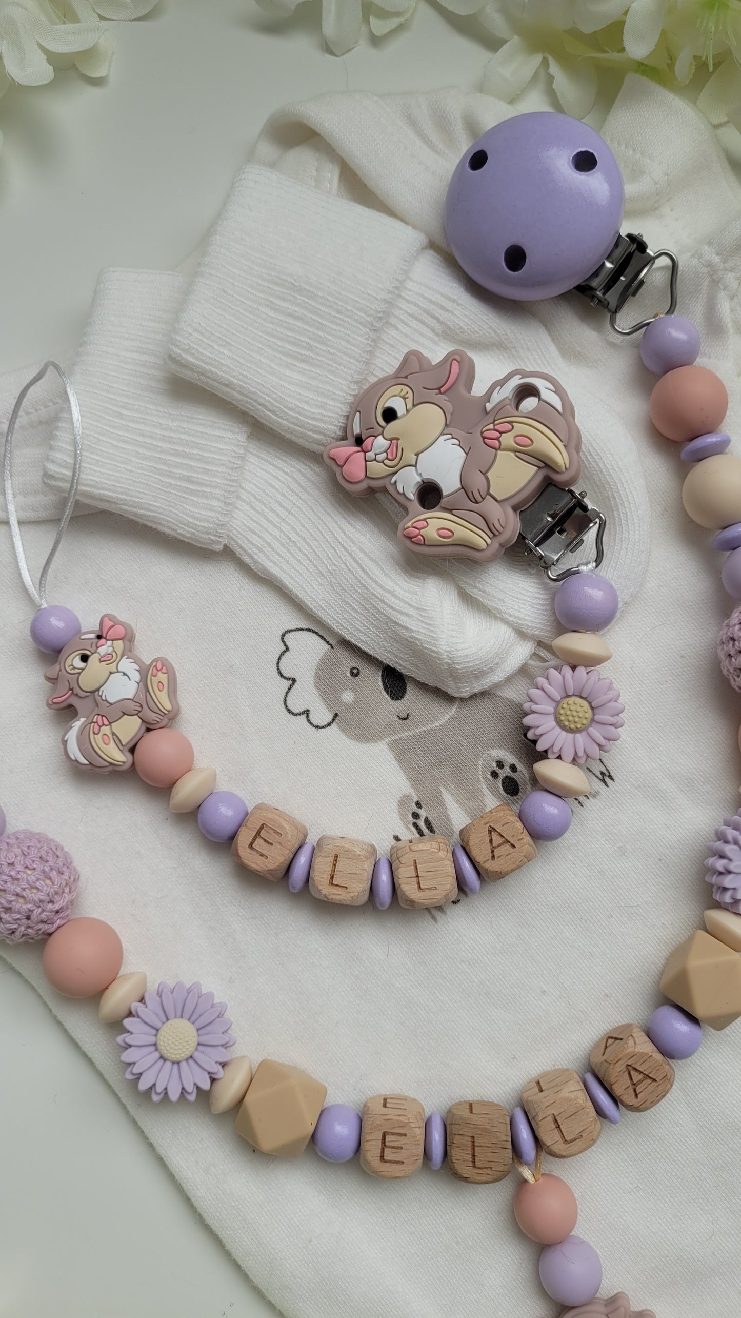 Kinderwagenkette & Schnullerkette Set lila Blumen Hase