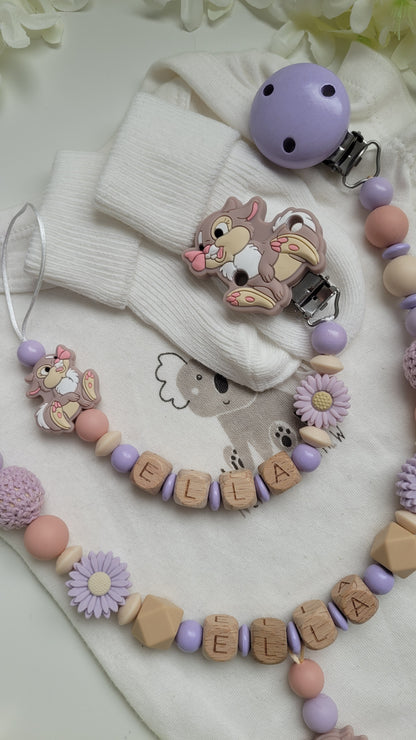 Kinderwagenkette & Schnullerkette Set lila Blumen Hase