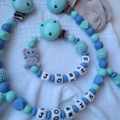 Kinderwagenkette & Schnullerkette mit Namen Elefant mint blau