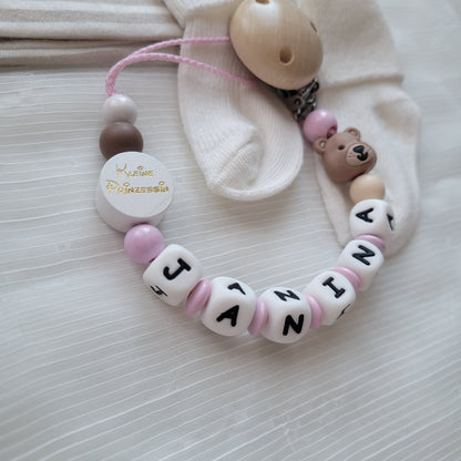 Kinderwagenkette & Schnullerkette mit Namen Bärchen & Kleine Prinzessin rosa beige braun