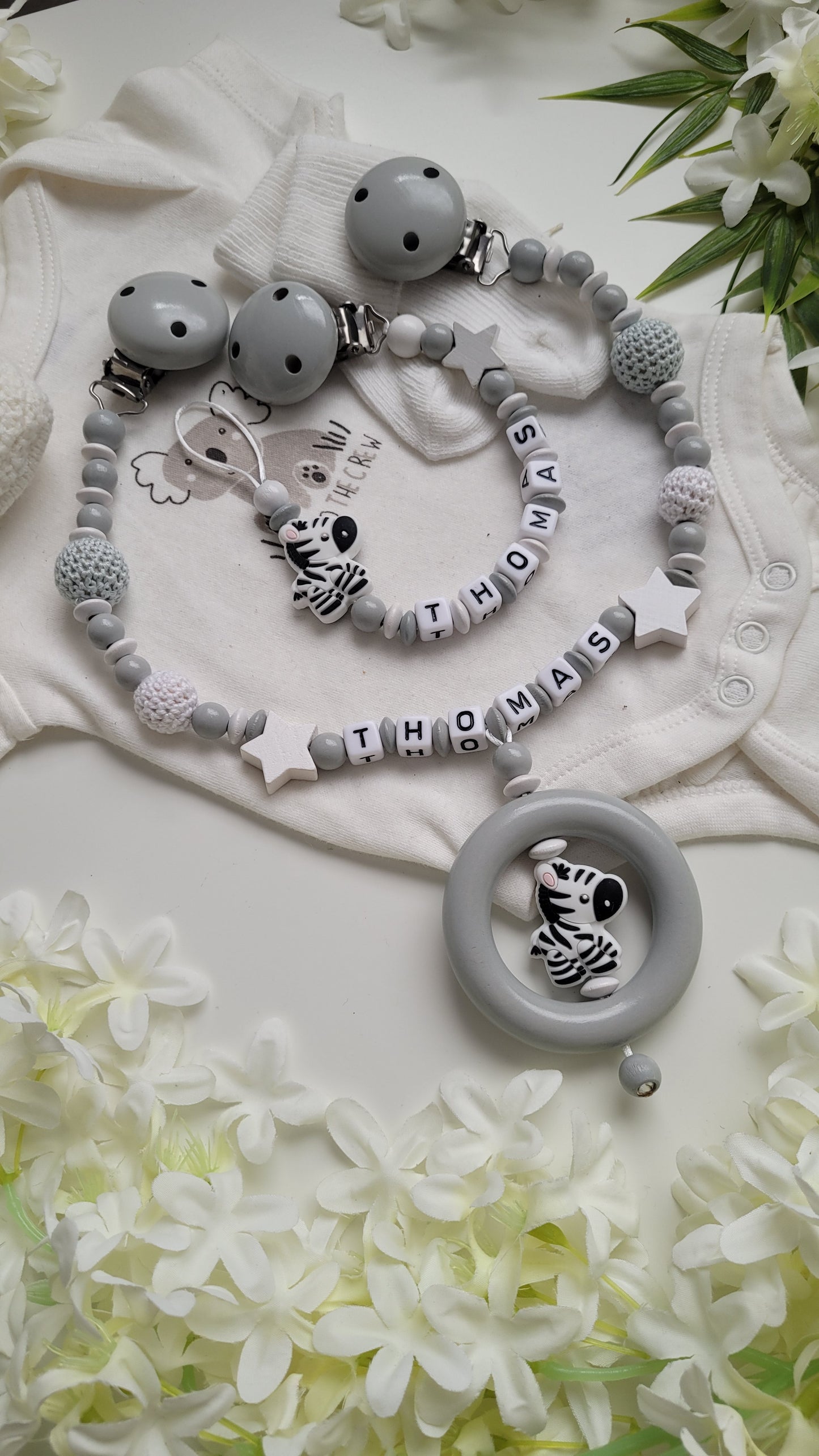 Kinderwagenkette & Schnullerkette Set Zebra grau weiss