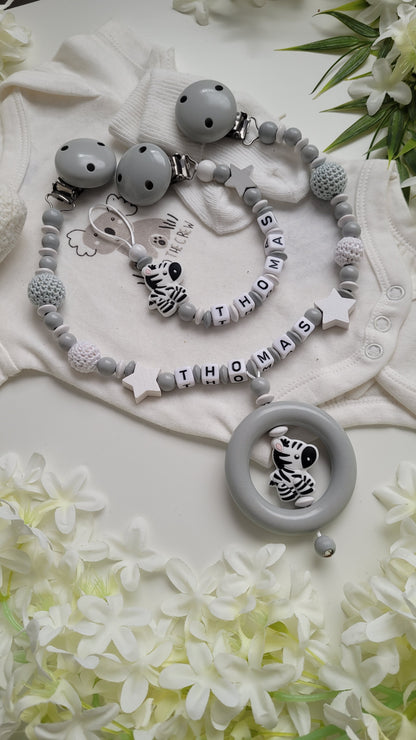 Kinderwagenkette & Schnullerkette Set Zebra grau weiss