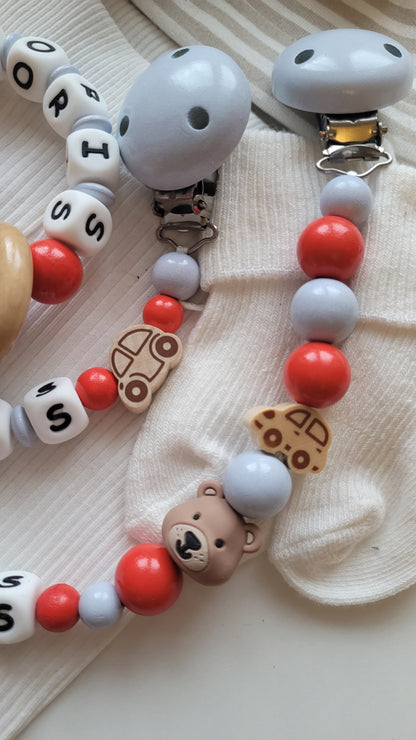 3er Set Schnullerkette Kinderwagenkette & Greifring mit Namen Bärchen Auto