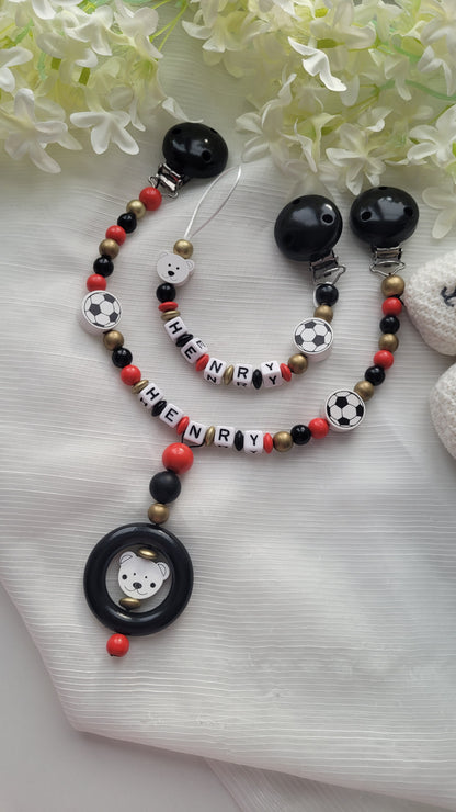 Kinderwagenkette & Schnullerkette mit Namen  Fussball schwarz rot gold