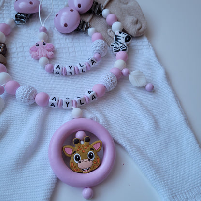 Kinderwagenkette & Schnullerkette mit Namen Kleine Safari rosa weiss