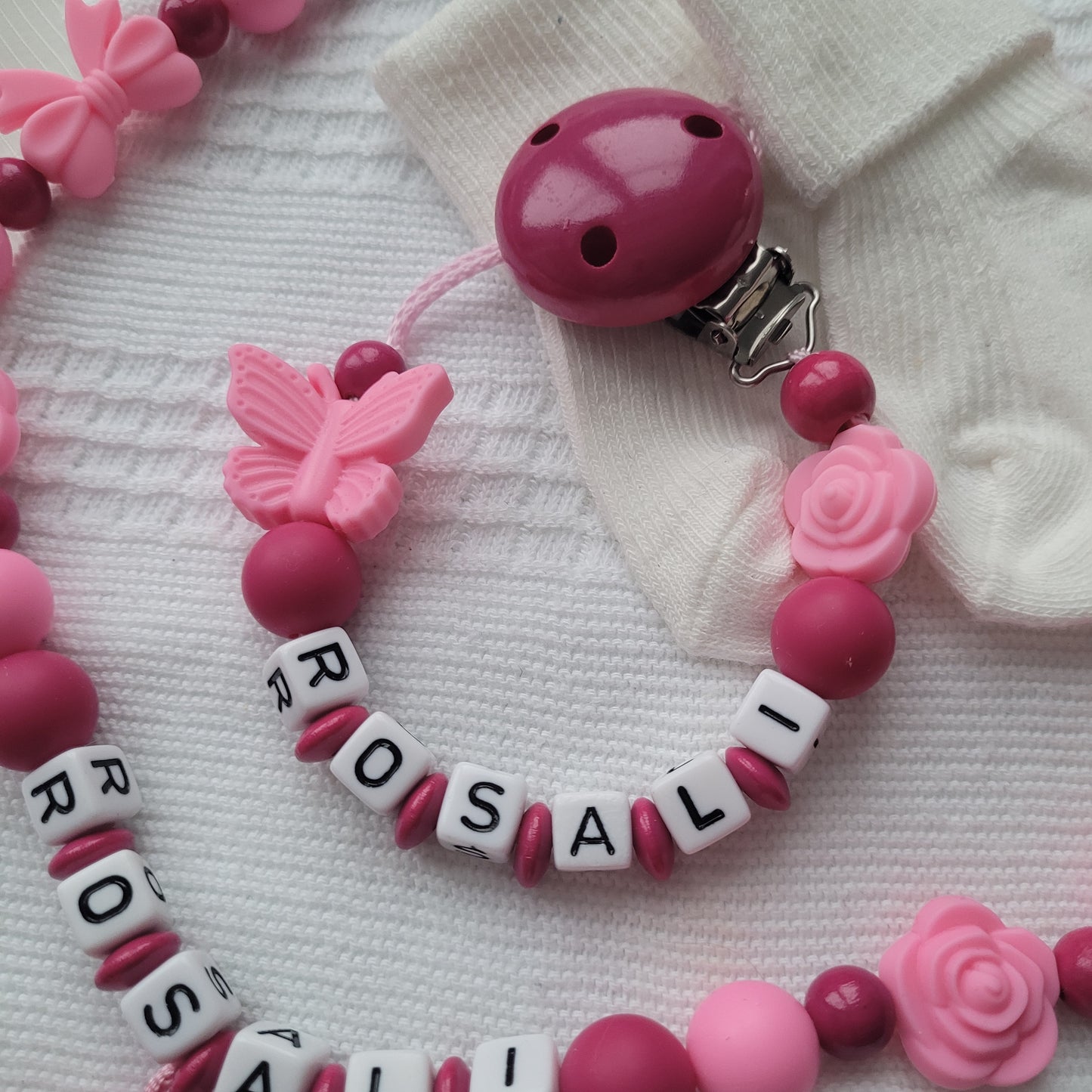 Kinderwagenkette & Schnullerkette Set Rosen & Schmetterlinge