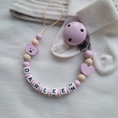 Schnullerkette mit Namen für Mädchen Herz & Teddy rosa beige
