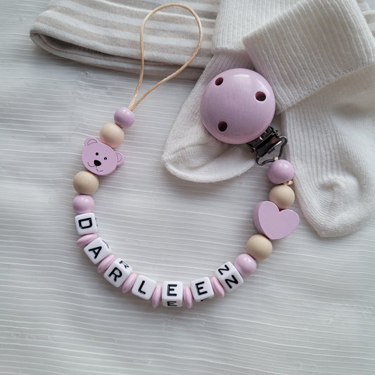Schnullerkette mit Namen für Mädchen Herz & Teddy rosa beige