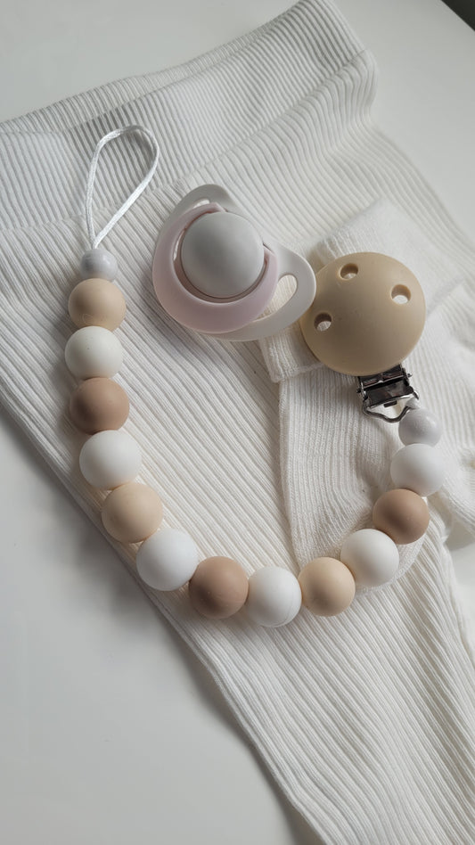 Schnullerkette Silikon beige taupe weiss