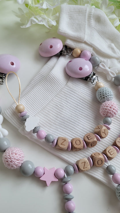 Kinderwagenkette & Schnullerkette mit Namen Rosa Wolke