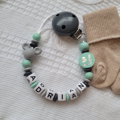 Schnullerkette mit Namen Maus & I Love Mom & Dad mint grau