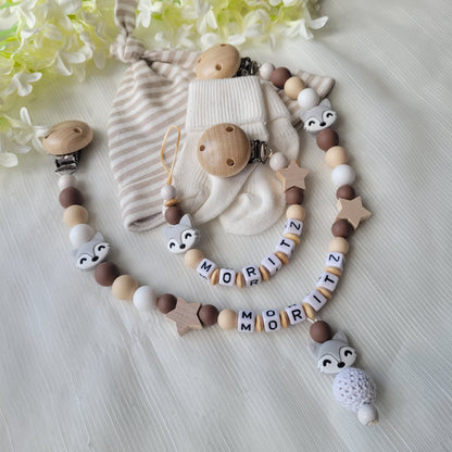 Kinderwagenkette & Schnullerkette Set Baby Fuchs für Jungen dunkelbraun beige weiss holz