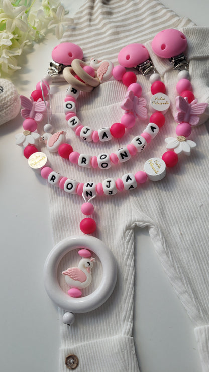 3er Set Schnullerkette Kinderwagenkette & Greifring Schwan & Blumen pink