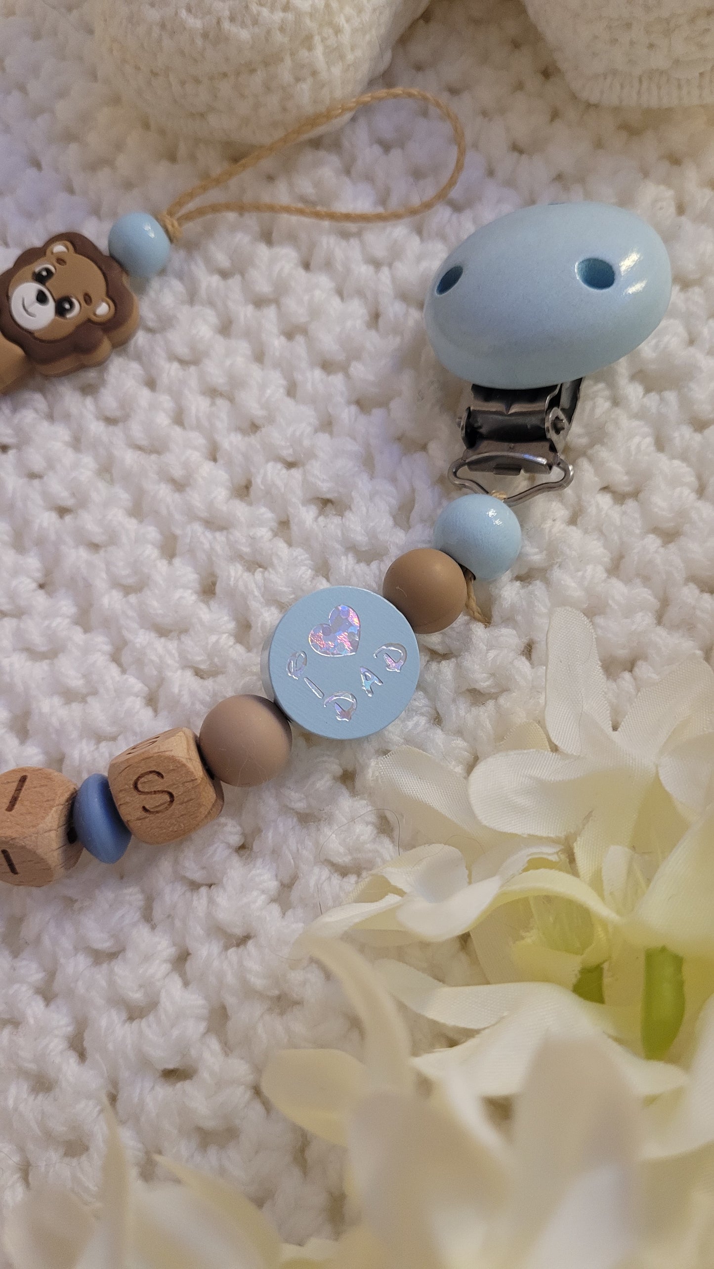 Schnullerkette für Jungen mit Namen Löwe 🦁 Braun blau