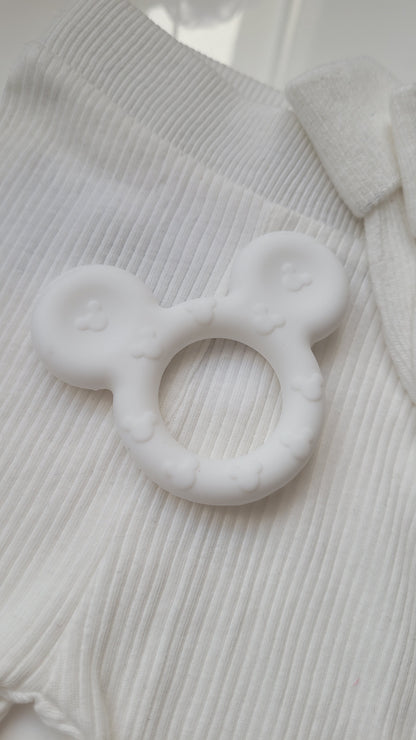 3 in 1 Beissring Schnullerkette mit Namen  Maus babyrosa weiss