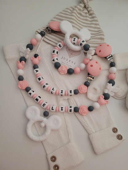 3er Set Schnullerkette, Kinderwagenkette & Beißring mit Namen Mäuse Schmetterlinge Rosen weiß peach dunkelgrau