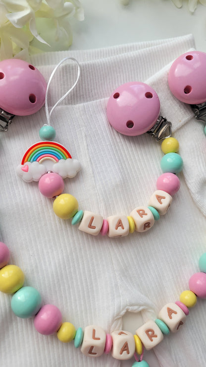 Kinderwagenkette & Schnullerkette Regenbogen Pastell