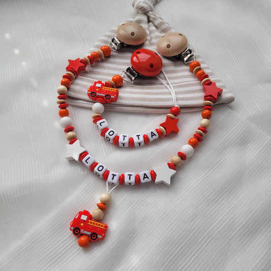 Kinderwagenkette & Schnullerkette mit Namen für Mädchen Feuerwehr