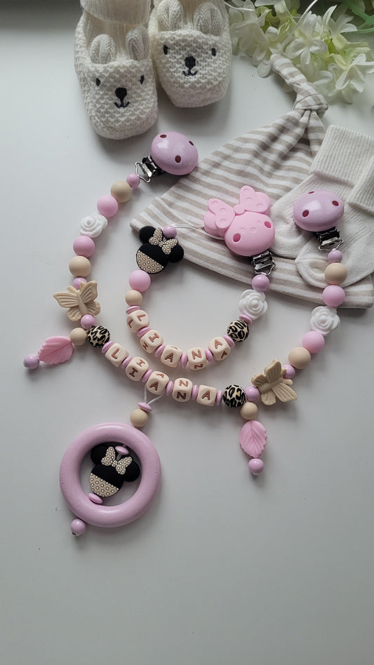 Kinderwagenkette & Schnullerkette mit Namen Minnie Maus Rosen leo
