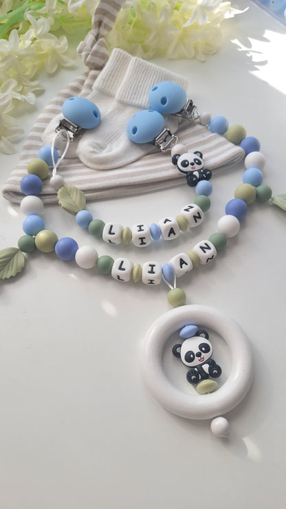 Kinderwagenkette & Schnullerkette mit Namen Panda blau grün weiss