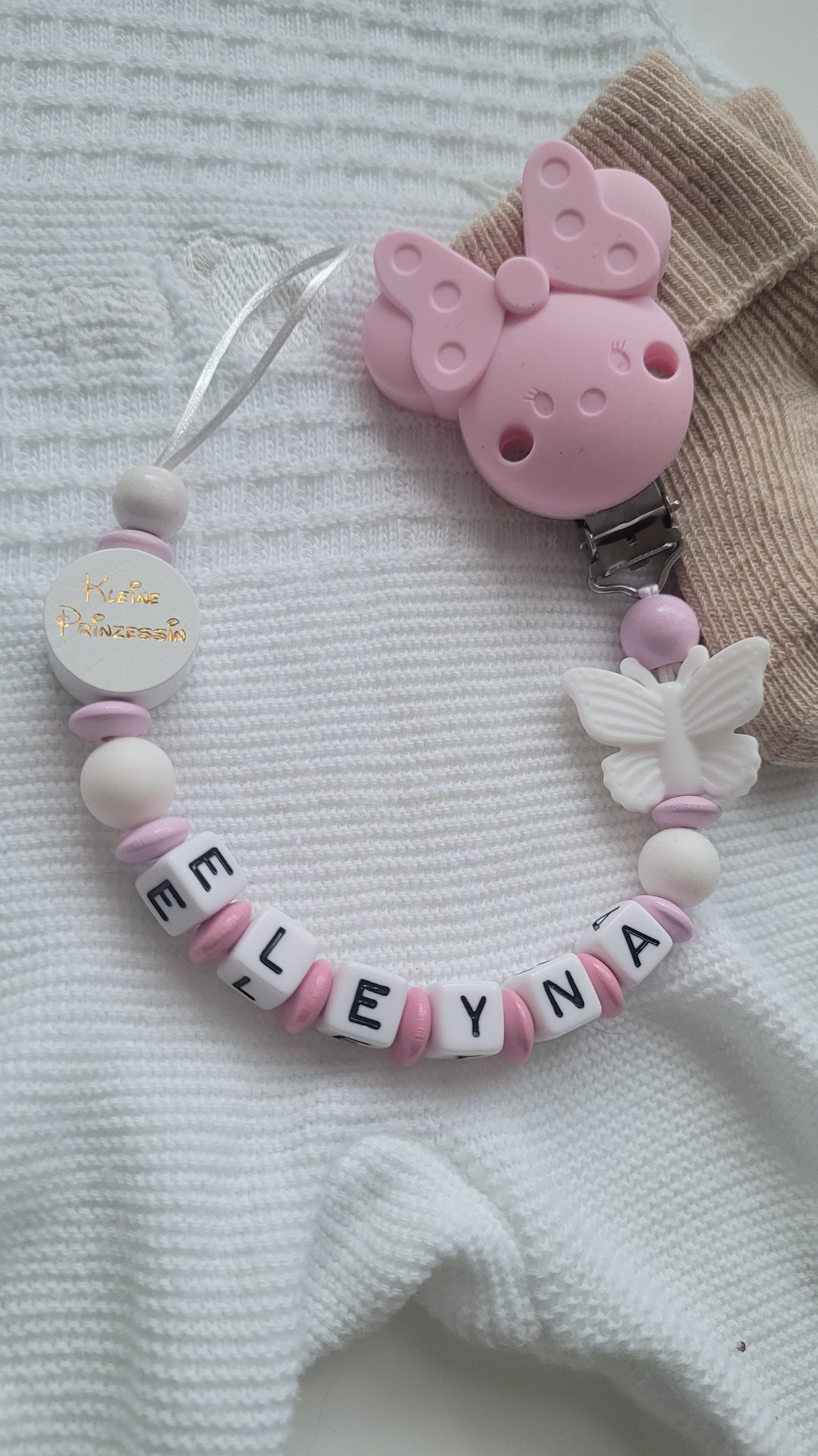 Schnullerkette mit Namen für Mädchen Kleine Prinzessin & Schmetterling rosa pink weiß
