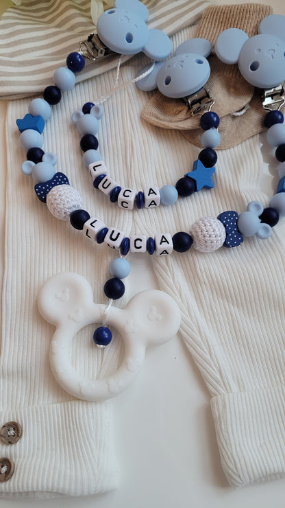 Kinderwagenkette & Schnullerkette mit Namen *Maus*  hellblau marine