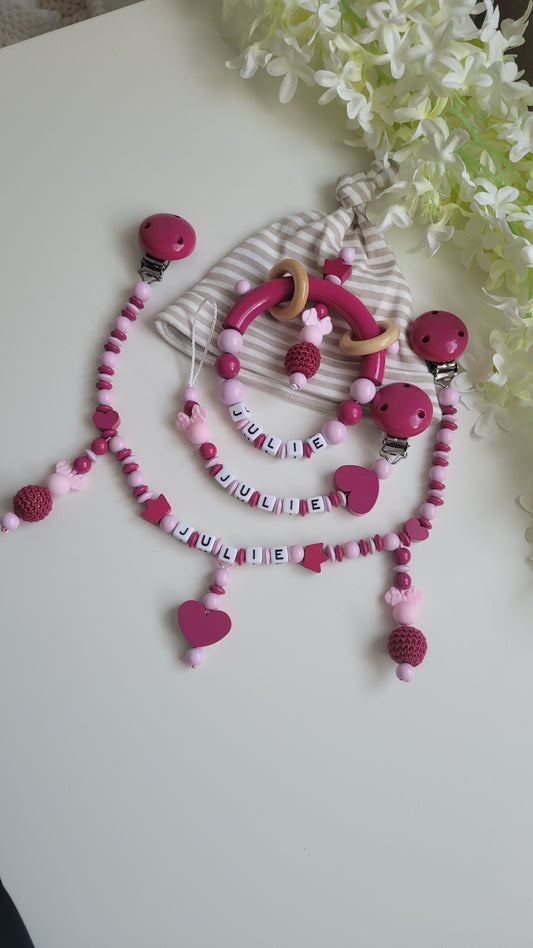 Komplett Set 3tlg Schnullerkette Kinderwagenkette Greifring mit Namen Minnie Maus pink rosa