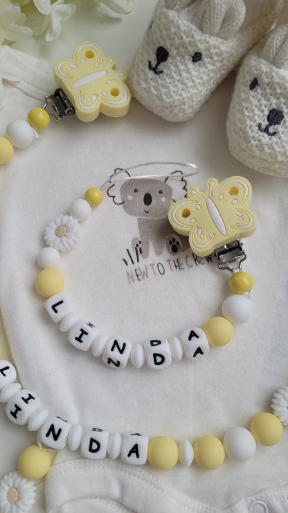 Kinderwagenkette & Schnullerkette mit Namen Gänseblümchen