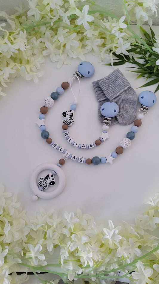 Kinderwagenkette & Schnullerkette * Zebra* blau grau
