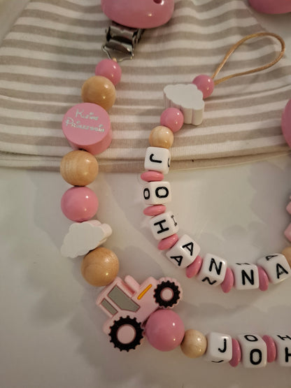 Kinderwagenkette & Schnullerkette Set mit Namen Traktor babyrosa Silikon | personalisiert