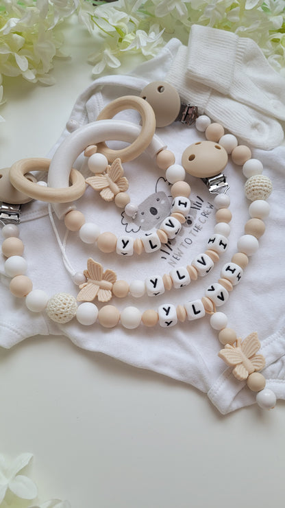 3tlg Set Schnullerkette Kinderwagenkette Greifling Schmetterling beige