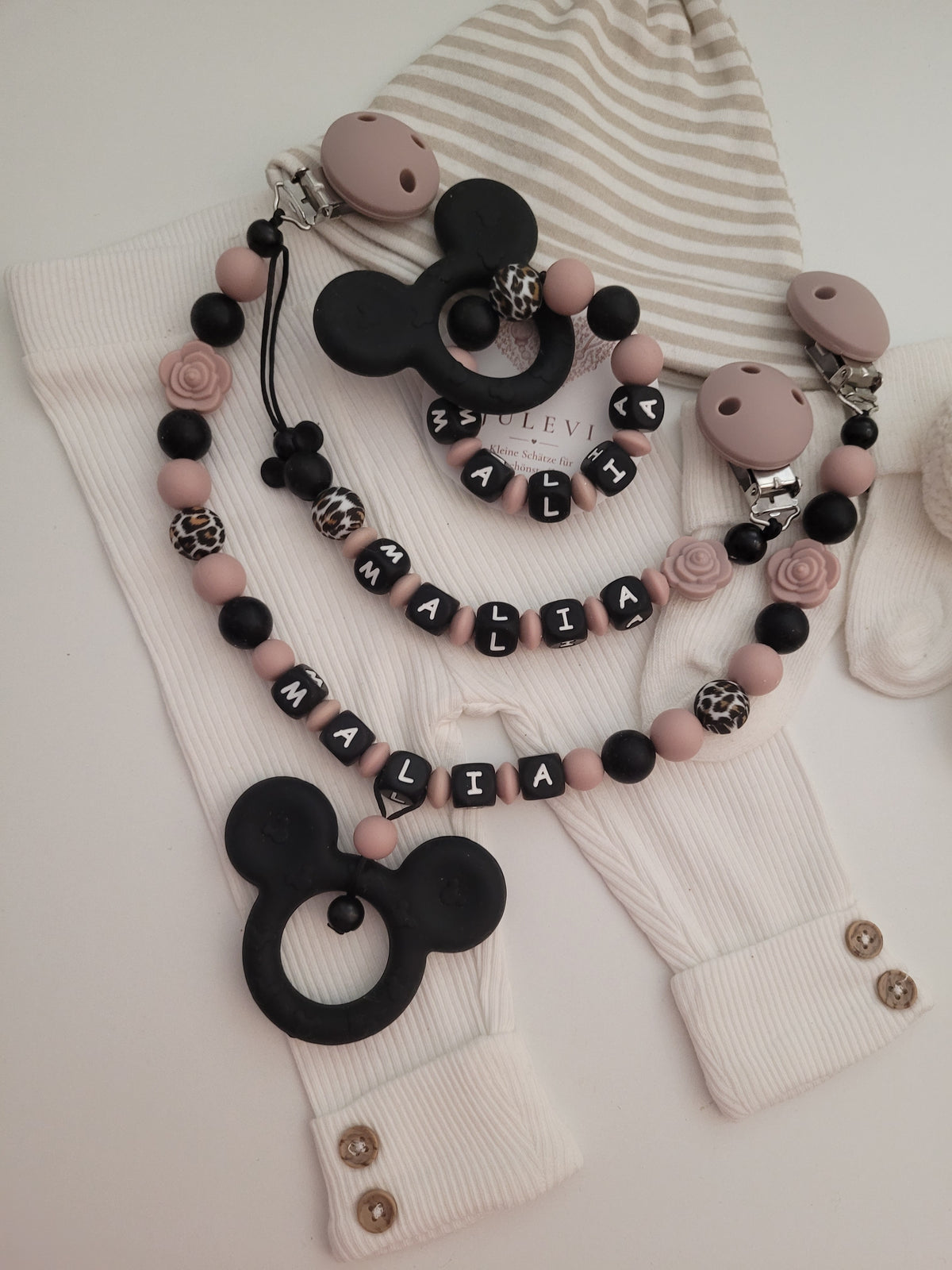 3er Set Schnullerkette, Kinderwagenkette & Greifring mit Namen Maus Rosen graurosé schwarz leo