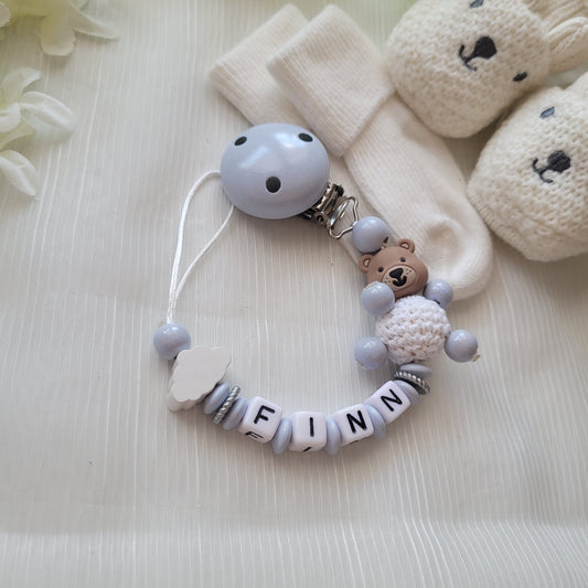 Schnullerkette mit Namen für Jungen Teddy & Wolke hellblau holz