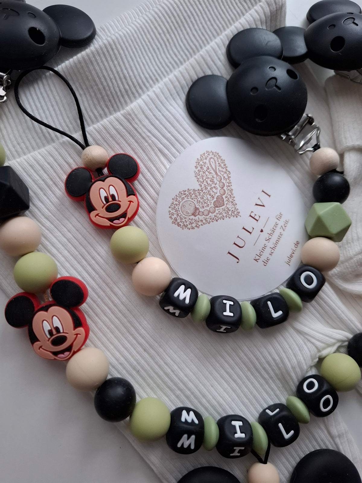 Kinderwagenkette & Schnullerkette Set mit Namen Maus schwarz grün beige personalisiert