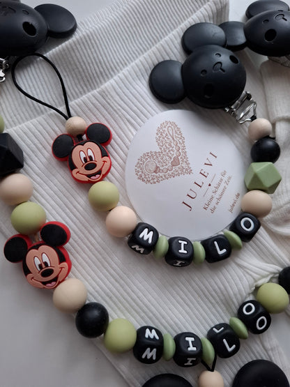 Kinderwagenkette & Schnullerkette Set mit Namen Maus schwarz grün beige personalisiert