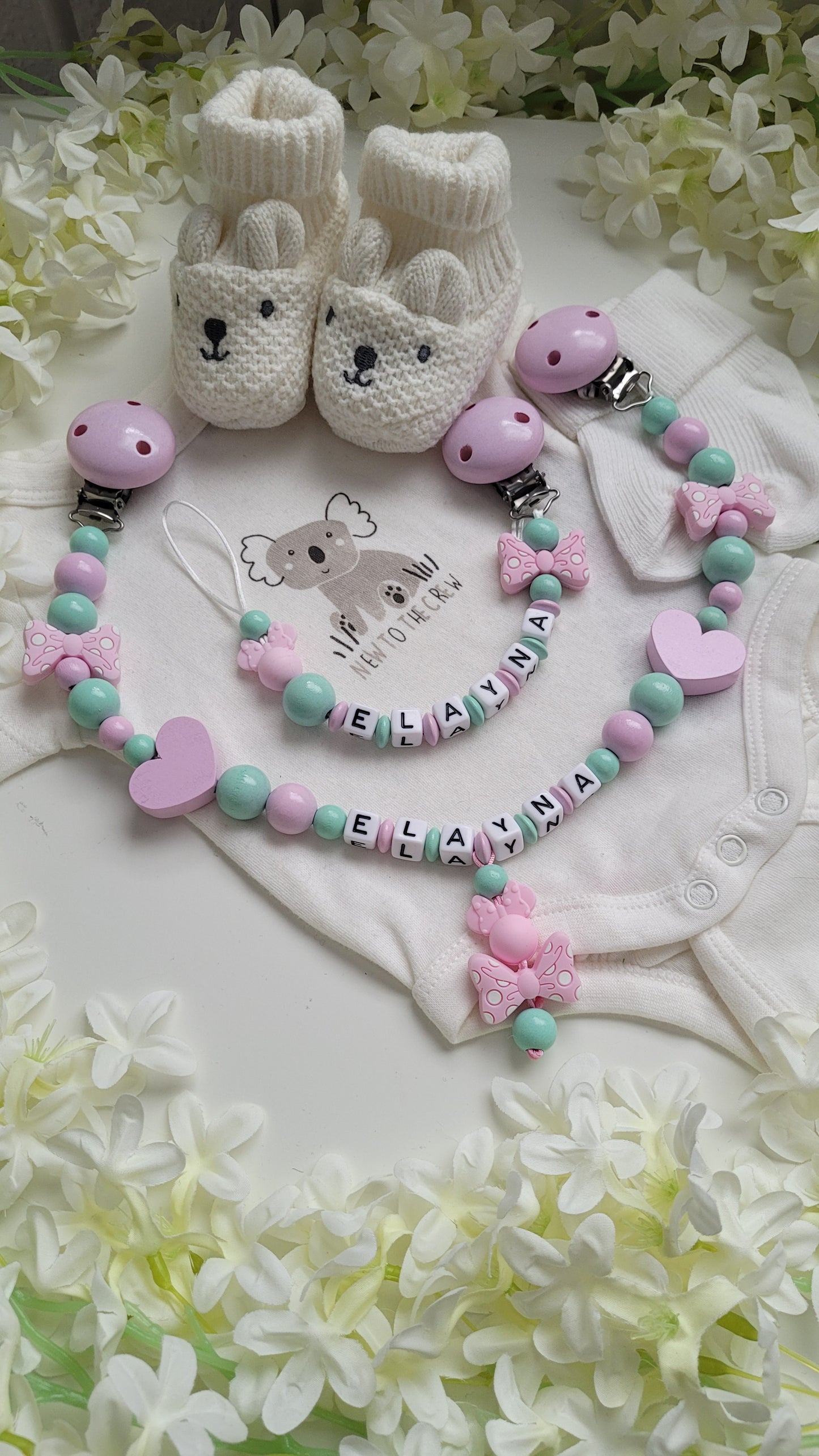 Kinderwagenkette & Schnullerkette mit Namen Minnie Maus mint rosa