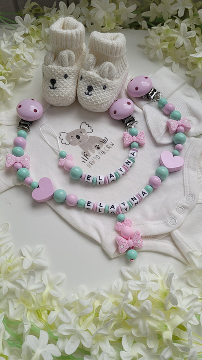 Kinderwagenkette & Schnullerkette mit Namen Minnie Maus mint rosa
