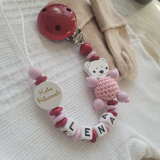Schnullerkette mit Namen für Mädchen Kleine Prinzessin & Bärchen rosa weinrot