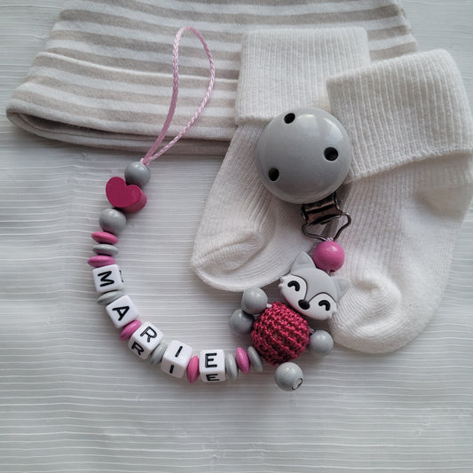 Schnullerkette mit Namen für Mädchen Fuchs & Herz pink grau
