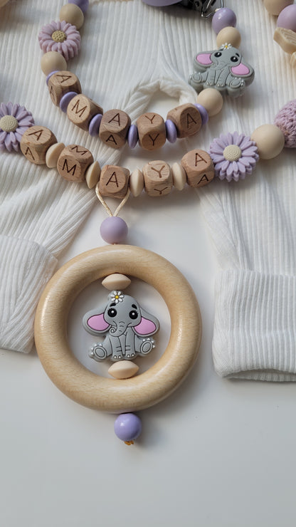 Kinderwagenkette & Schnullerkette mit Namen Elefant flieder Blümchen