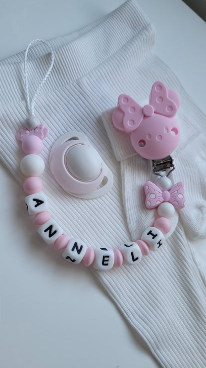 Schnullerkette mit Namen für Mädchen Maus rosa weiss