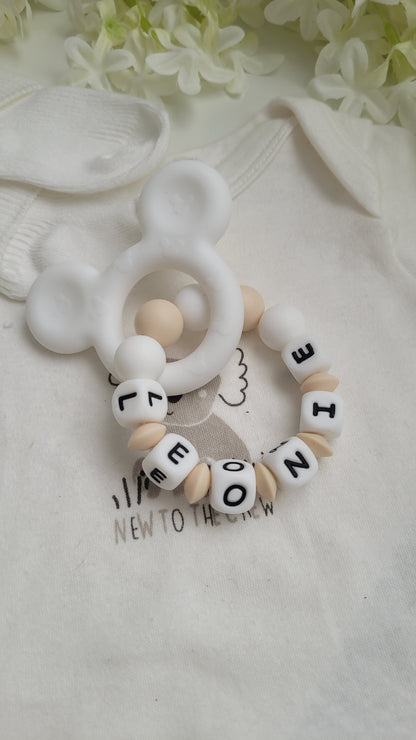 4 tlg Set Schnullerkette Kinderwagenkette Greifling & Schlüsselanhänger personalisiert Minnie beige