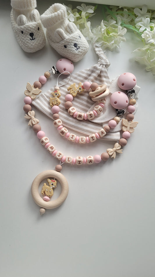 3er Set Schnullerkette Kinderwagenkette & Beissring mit Namen Reh & Schmetterlinge rosa taupe