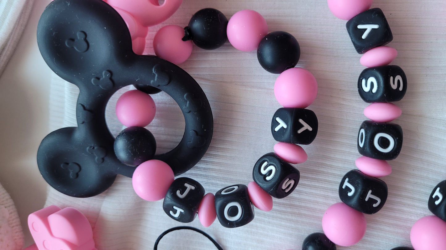 3er Set Kinderwagenkette & Schnullerkette mit Namen + Greifring für Mädchen Maus