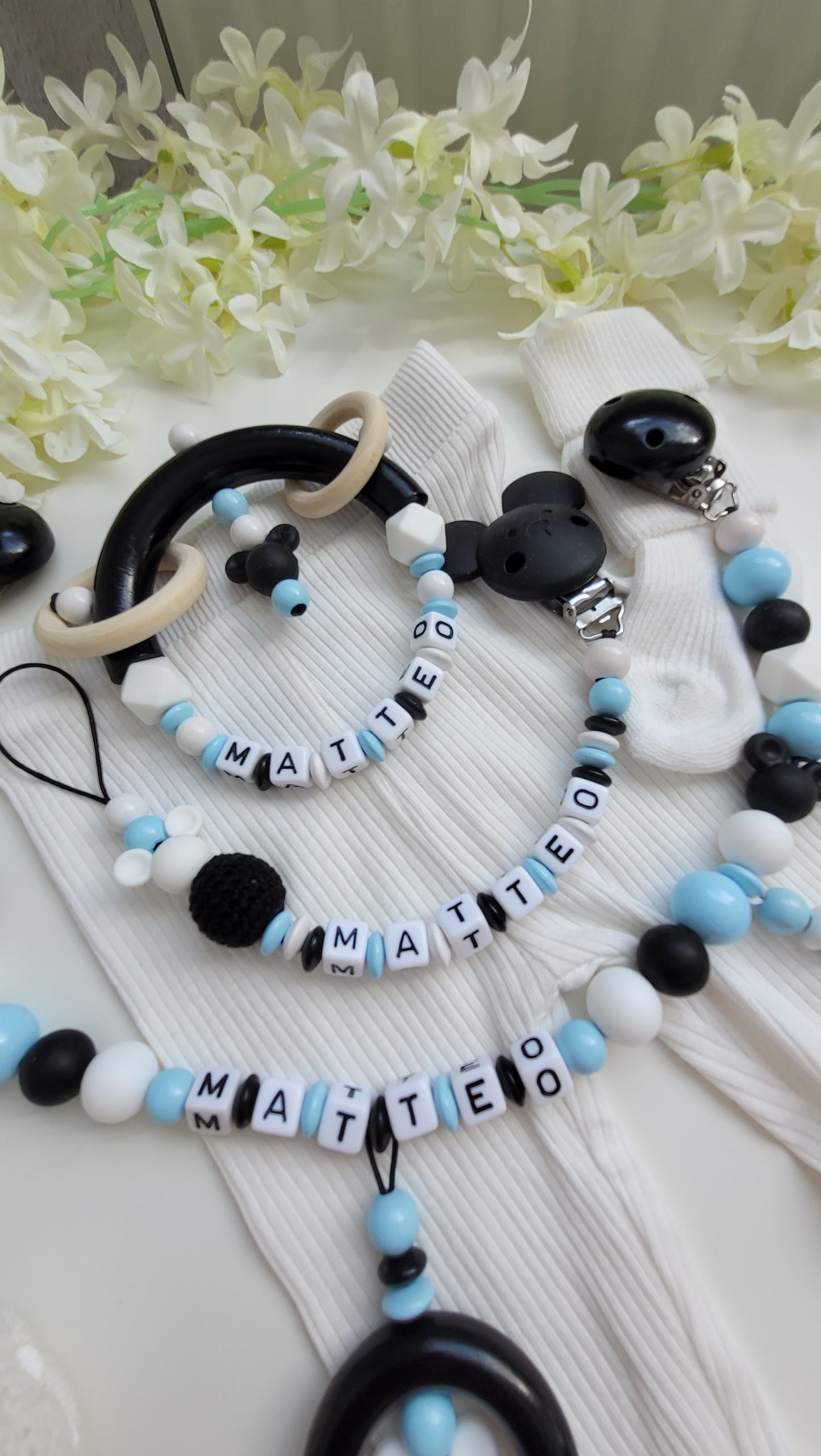 3tlg Set Schnullerkette Kinderwagenkette Greifling Maus blau schwarz